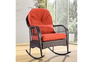 CASART Wicker Rocking Chair Outdoor Porch Garden Lawn Deck Rattan All Weather Steel Frame Rocker Patio Furniture w/Cushion