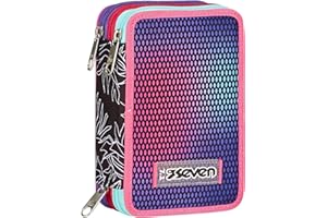Seven Astuccio Scuola 3 Zip, Violet, Shadefull Girl, Portapenne Triplo Scomparto Completo Di Penne, Matite, Colori, Accessori Zaino, Elementari, Medie, Superiori, Ragazzo Ragazza