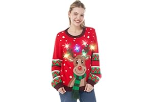 JOYIN Pull Moche de Noel Femme, Pull Noel Famille Lumineux LED Pull Noël Moche Drole Hiver Chaud Col Rond Renne Sweat Clignotant Manche Longue Outwear Rouge Noir Bleu