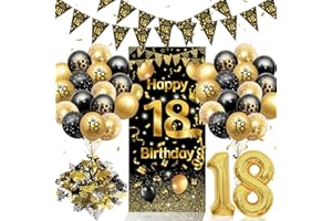 WISTENALLA 18. Geburtstag Deko Set Schwarz Gold - Komplette Geburtstagsparty Dekoration für Jungen & Mädchen mit Riesen Hintergrundbanner, Dreiecksgirlande, Zahlenluftballon, Luftballons und Konfetti