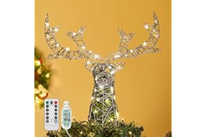 Kssiaz Christbaumspitze, Metallrahmen Hirsch Baumspitze Weihnachtsdeko mit 50 Warm LED Perlen & Timer, USB-betrieben Fernbedienung Tannenbaum Spitze für Weihnachtsbaum Weihnachten Party Innen, Silber