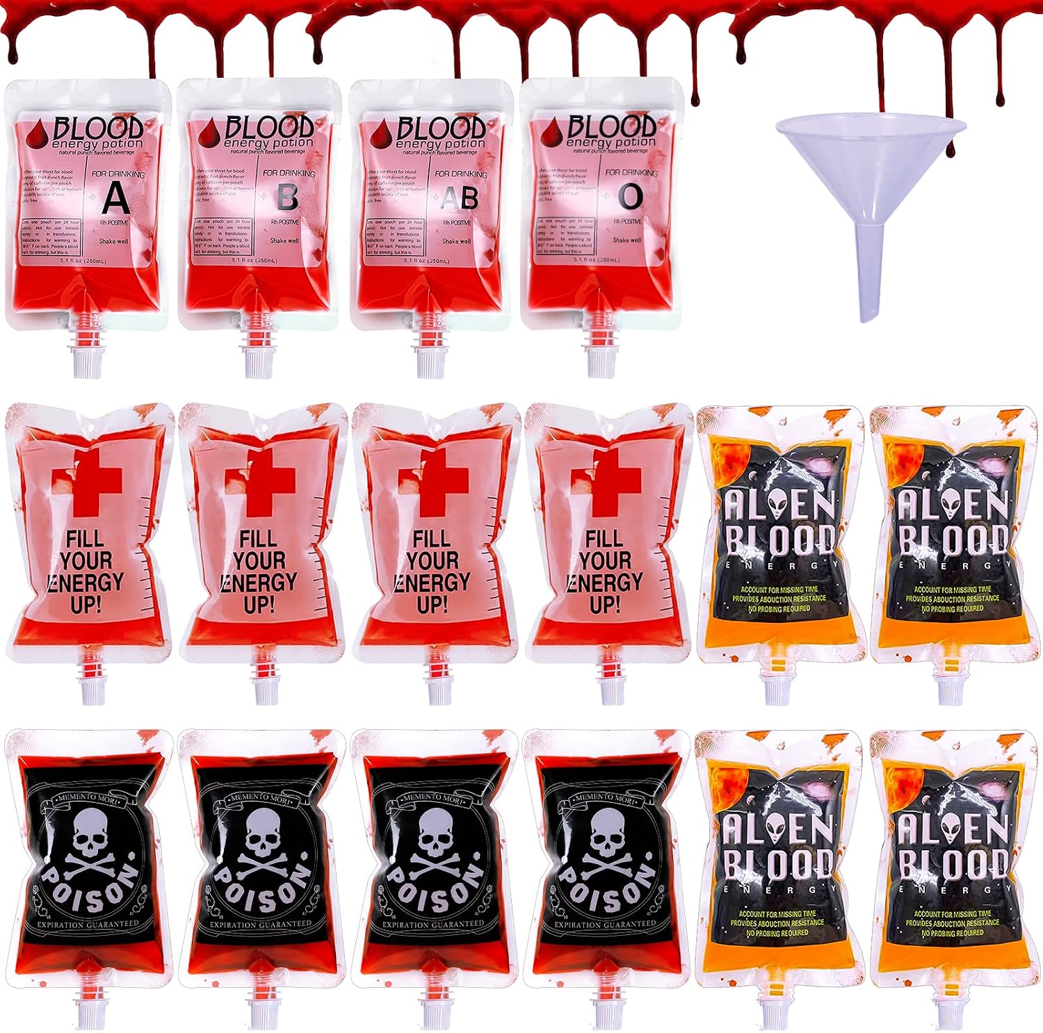 Bolsa de Sangre, 16 Piezas Bolsa de Sangre de Halloween, con un Embudo, Vacías Bolsas de Bebida, para Disfraz de Halloween Suministros Fiesta Temática de Zombis Fiesta de Vampiros