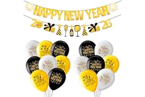 YIAJIA Happy New Year Decorations 2026 - 1 Black Gold Happy New Year Banner with 15 New Years Balloon Set, 2026 Happy New Years Eve Party Decors