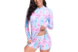 UNIQUEBELLA Rash Guard Swimsuit for Women, Swimming Costume Set with UPF 50+ Long Sleeve Sports Surf Swimsuit