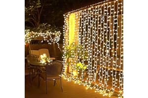 Elegear 6M x 3M Cortina Luces Exterior con Enchufe, Guirnaldas Luz Prolongable, 8 Modos Luz de Cascada para Navidad Natal Boda Fiestas Casa Jardín Patio Balcón Bar, 600 LED, Blanco Cálido