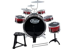 The Magic Toy Shop Large Kids Drum Set - Red & Black Junior Jazz Percussion Kit with 6 Drums, 3 Cymbals, Stool & Pedal - Beginner Musical Instrument Toy for Boys & Girls Age 3+