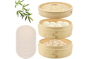HEKOBAG 2-Tier Bamboo Steamer, 8 inch Bamboo Steamers Basket with 5pcs Reusable Cotton Sheets Chinese Steam Baskets Food Dim Sum Steaming for Dumplings Buns Seafoods Rice Asian Foods