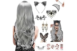 Ligtmor Perücke Halloween Damen，Halloween Accessoires Damen，68 cm Lange Graue Gewellte Perücke Damen，Kann mit Halloween Kostüm Damen, Geeignet für Halloween, Karneval, Maskerade und Cosplay