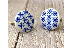 ARTISNO Lot de 10 boutons en céramique pour armoires de cuisine, salle de bain, commode, tiroir, poterie faite main (géométrie) bleu coloré