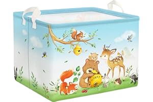 Clastyle Cajas de Almacenaje Cubo Animales Zorro Oso Ciervo Ardilla para Dormitorio Cesta para Guardar Niños Hojas Azul Rectangular para Juguetes Ropa, 36L