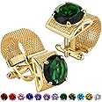 Cufflinks for Men with Chain - Birthstone and Shiny Gold Tone Shirt Accessories - Birthday Christmas Gifts for Men.