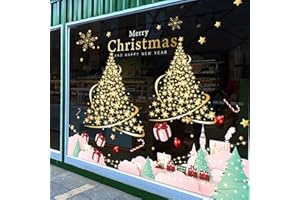 AWAVM Paquete de 2 adhesivos dorados para ventana de árbol de Navidad, calcomanías estáticas extragrandes, calcomanías de Feliz Navidad para ventanas de cristal