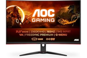 AOC Gaming CQ32G2SE - 32 Inch QHD Curved Monitor, 165Hz, 1 ms MPRT, VA, AMD FreeSync Premium, Low Input Lag, Speakers (2560x1440 @ 165Hz, 250 cd/m², HDMI/DP)