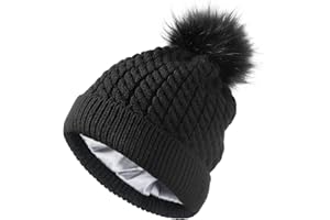SHINCHIC Womens Winter Satin Lined Beanie Hat Cuffed Cable Knit Detachable Faux Fur Pompom Silky Lined Warm Cap