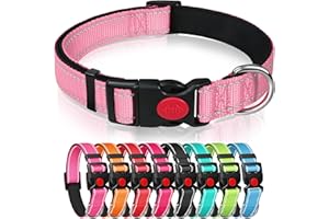 YENLK Reflective Nylon Dog Collar with Safety Buckle, Adjustable Pet Collars with Soft Neoprene Padding (Pink, M)