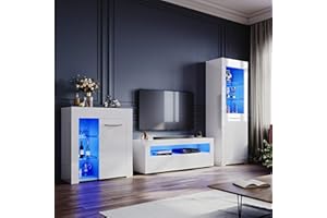 ELEGANT High Gloss White Living Room Set TV Stand Sideboard Display Cabinet(165cm) Multicolour LED Lights,UK Power Adapter Included