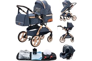 GLOKID Poussette 3 en 1, Avec Siège Auto, Poussette Canne, Poussette Bebe, Landau Bébé, Accessoires，Sac à couches, Housse de Pluie, Moustiquaire XX1 Bleu