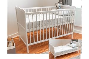 B4BEDS White Wood Baby Cot Bed and Baby Bed Cot Mattress Converts into a Junior Toddler Bed, 3 Possition Mattress Base