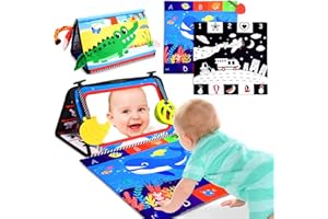 HappyKidsClub Baby Spiegel mit Knisterbuch, Baby Spielzeug 0-12 Monate Bauchlage Spielzeug Baby 1 2 Jahr Unkaputtbar Stoffbuch Baby Sensorik Montessori Spielzeug Baby Geschenk zur Geburt Junge Mädchen