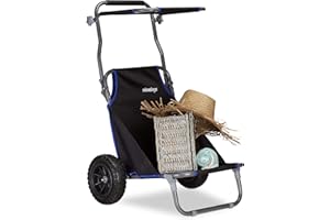 Relaxdays Foldable beach cart, beach chair with sun roof, solid rubber wheels, 100 kg transport trolley for the beach, polyester, black, 61 x 65 x 102 cm, 1 piece