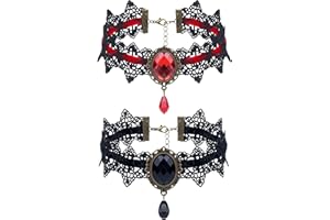 Finrezio Gothic Choker and Earrings Set - Black Necklace with Red Pendant and Lace Dangle Earrings for Women's Halloween Costume or Cosplay