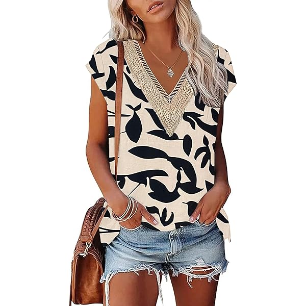 PLOKNRD Dames kanten V-hals T-shirt zomer tops voor vrouwen korte mouw los casual T-shirt(zwart,XXL