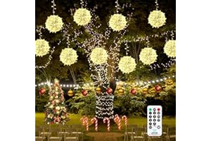 Bowfar Łańcuch świetlny na zewnątrz, 20 cm, 4 sztuki, duże kule, wiszące, choinkowe z pilotem zdalnego sterowania, timer, oświetlenie bożonarodzeniowe do ogrodu, na wesele, imprezę, dekoracja