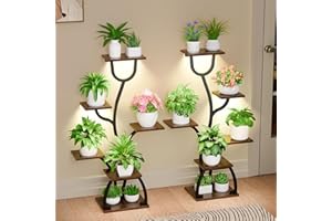 BACEKOLL Pflanzenständer mit Wachstumslicht - 6 Ebenen Blumenständer Metall Holz Pflanzenregal - Innen & Außen Blumentreppe - Dekoratives Schwarz Blumenregal für Innen Garten Balkon 2 STÜCK