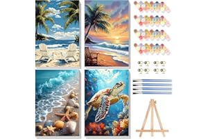 PUJEKNM 4 Pack Paint by Numbers for Adults with Framed Canvas & Wooden Easel, Beach Adult Painting by Number Kit on Canvas, DIY Sea Turtle Acrylic Oil Painting Kits with Brushes for Home Wall Decor 8x12 inch