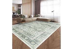 ‎HOMFINE HOMFINE Vintage Teppich Wohnzimmer Waschbar - Kurzflor Waschbarer Teppich Super Weich rutschfest Blumen Design Groß Wohnzimmerteppich für Schlafzimmer Esszimmer Grün 120 x 170 cm