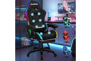 ELFORDSON LED Gaming Chair with 8-Point Massage, Swivel Office Chairs with Head Pillow Lumbar Support, Ergonomic Desk Chair with Armrests Footrest, Fabric Linen, Black