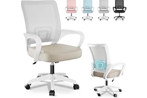 JUPPLIES Silla Escritorio Ergonomica - Silla Oficina con Apoyo Lumbar, Estructura de Plastico, Malla Transpirable, Ruedas Giratorias 360° Soporta hasta 120kg (Beige)