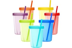 Youngever 7 Pack Plastic Kids Cups with Lids and Straws, 7 Re-usable Toddler Cups with Straws in 7 Assorted Colors