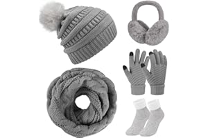 Xnova Women Winter Hat Scarf and Gloves Set, Ladies Warm Knitted Pom Beanie Hat Thermal Touch Screen Gloves Long Loop Scarf Thick Ski Socks 5 PCS Ear warmers for Outdoors Sports