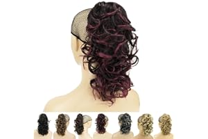 IMISSU Capelli ricci disordinati Estensioni dei capelli coda di cavallo con artiglio corto Clip coda di cavallo con ganascia in posticci per le donne (Nero Ombre Borgogna)