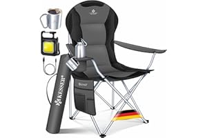 KESSER® Silla de camping plegable hasta 150 kg, silla plegable acolchada con reposabrazos, luz de camping y soporte para bebidas + bolsa con respaldo alto, silla de playa, taburete plegable, color