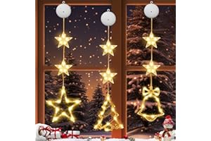 FAMKEEP Luci Natale Tenda Da Finestra, 3 Luci Natalizie A Batteria, Luci Stringa Di Natale Con Stella, Luci Ventosa Natale, Luci Di Natale A Led ​Luce A Sospensione Per Decorazione Finestra Per Natale