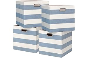 BinWhiz 4-Pack 33x33x33 cm Foldable Storage Cube Bins, Fabric Stripes Home Organizer Boxes with Metal Handles for Kallax Shelves, Closet, Cabinet, Bookcase Decor and Laundry (Blue & White)