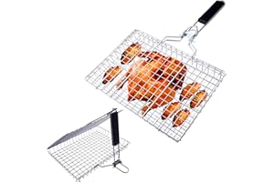 Holzsammlung Rejilla para Barbacoa, Cesta de Parrilla de Barbacoa de Acero Inoxidable Portátil con Mango de Madera para Pescado, Verduras, Camarón, Carne