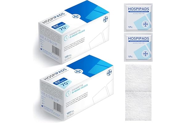 AIESI® Tampons lingettes désinfectantes (2x100 pièces) à base d’alcool isopropylique 70% dimensions 65x30 mm emballage individuel HOSPIPADS