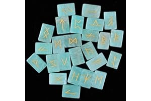 FASHIONZAADI Natural Amazonite Rune Stones Set with Futhark Runic Alphabet Rectangle Shape Stone Rune Words for Crystal Reiki Healing Fortune Telling Spiritual Gift Set Size 15-20mm