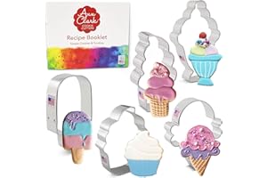 Ann Clark Cookie Cutters Juego de 5 cortadores de galletas helado/dulces con libro de recetas, cucurucho de helado, helado suave, polo, copa de helado y pastelito