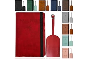 Jeal23 Set Funda Pasaporte + Etiqueta de Maleta | Porta Documentos con Bloqueo RFID | Viajes Accesorios Unisex (Rojo)