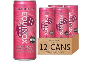 Equinox Kombucha Raspberry & Elderflower (12 x 250ml) | Brewed in UK with SCOBY, Green Tea & Raw Cane Sugar | Sparkling Live Cultured Probiotic Drink for Gut Health | No Sweeteners & 100% Natural
