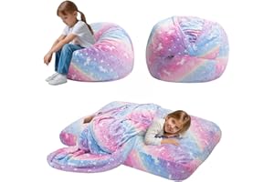 MeMoreCool Kids Bean Bag Chair Turn into Beanbag Bed, Toddler Chair for Girl Boy Reading, Lazy Children Sofa Couch with Filling, Convertible Child Floor Mattress, 75 x 75 x 47cm, Rainbow