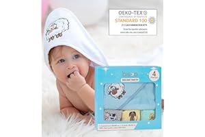 bisoo Toalla Bebe Recien Nacido - Capa de Baño Bebe con Capucha - Set de 4 Piezas 1 Toalla 80x80 cm + 3 Paños 30x30 cm - 100% Algodón Certificado Oeko-Tex - Regalo Bebe Recien Nacido Niño (Azul)