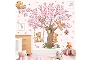 decalmile Stickers Muraux Grand Arbre Fleur de Cerisier Autocollant Mural Animaux Forêt Ours Fleurs Rose Décoration Murale Bébé Fille Chambre Enfants Pépinière