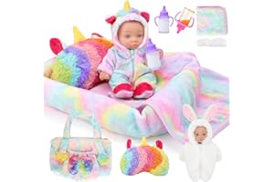 deAO Poupées Kit avec 8”Poupée Nouveau-né, Kit d'alimentation et de Soins pour Poupées avec Couffin, 2 Vêtements, 2 Bouteilles de Lait, Sac à Main, Accessoires pour Jeu de Rôle Enfant Cadeau