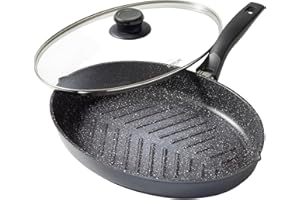 STONELINE Padella Ovale 35x24 cm, Padella Pesce Alluminio Pressofuso, Coperchio, Bistecchiera Grande Ovale, Rivestimento Antiaderente con Vere Particelle di Pietra, a Induzione, Tutti i Piani Cottura