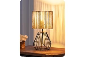 ‎EDISHINE EDISHINE Tischlampe Wohnzimmer, Boho Tischleuchte mit gewebtem Papierseil-Schirm in Metallgitter-Optik, E14 Nachttischlampe Vintage für Schlafzimmer, 29 cm, inkl. 4W LED-Leuchtmittel, Schwarz